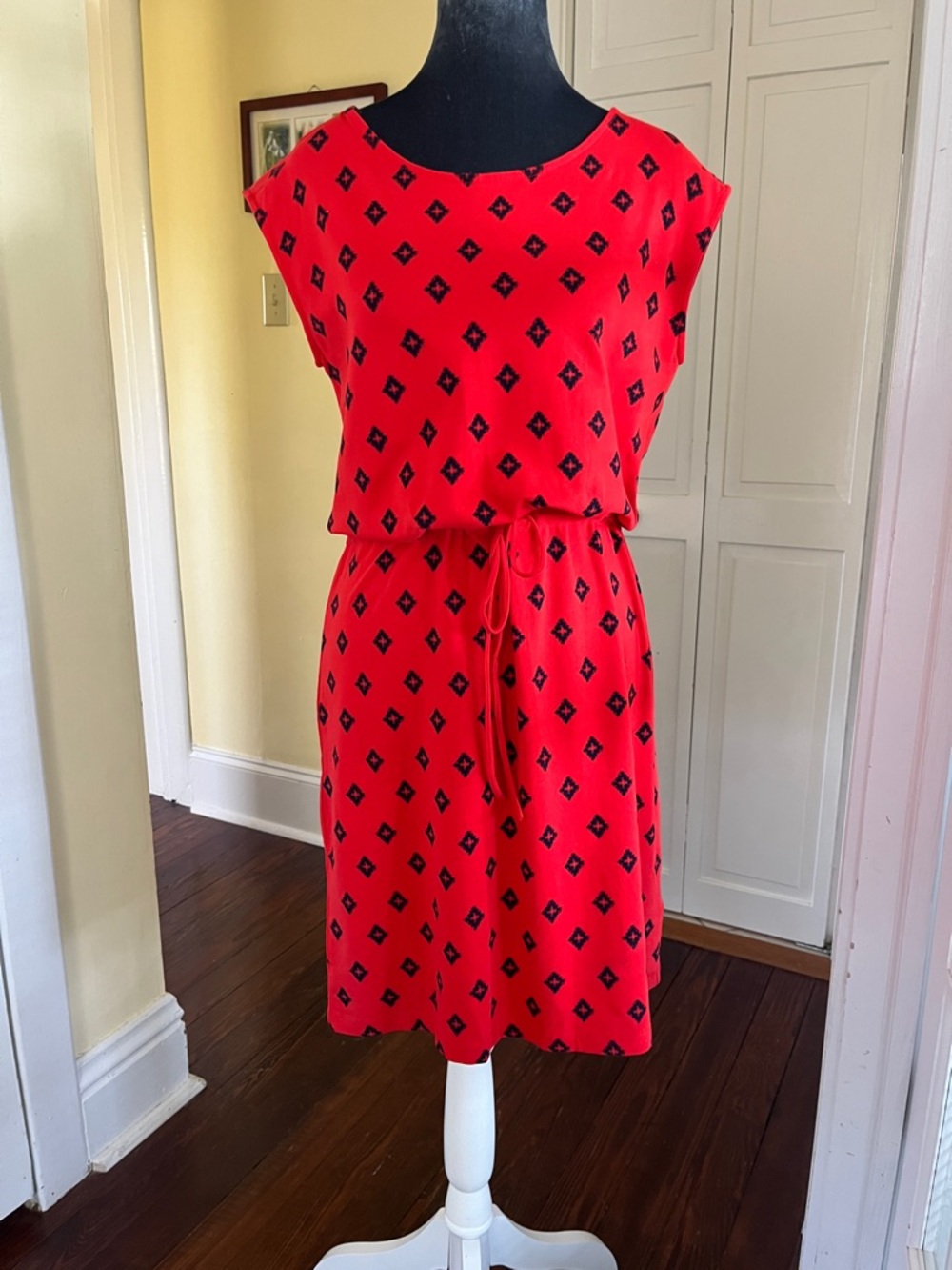 Tommy Hilfiger Red Midi or Mini Dress with Navy Blue Diamond Print